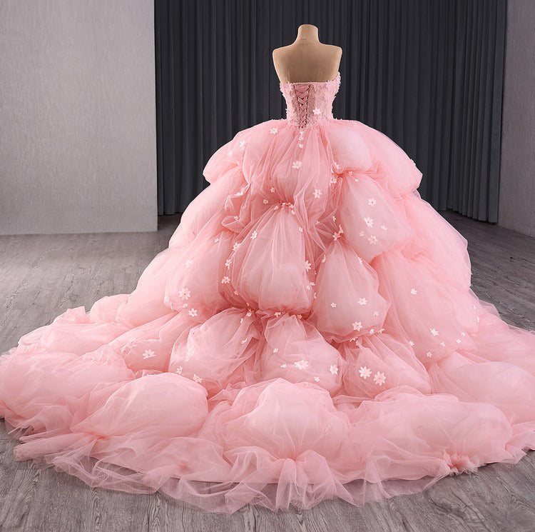 Sweetheart Tulle 3D Flower Pink Quinceanera Dresses Ball Gown Prom Dress for Sweet 16 HE1176