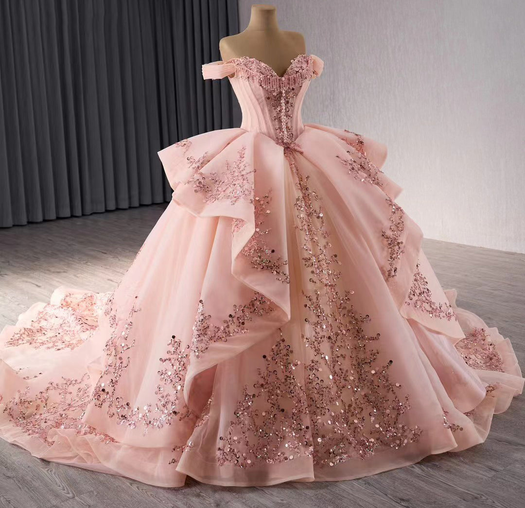 Princess Tulle Ruffled Pink Quinceanera Dress for Sweet 16 Off Shoulder Prom Party Gowns HE1170