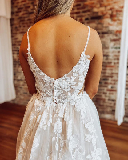 A Line Beach Wedding Dresses for Bride Tulle Lace Appliqued Wedding Go – Hebebridal
