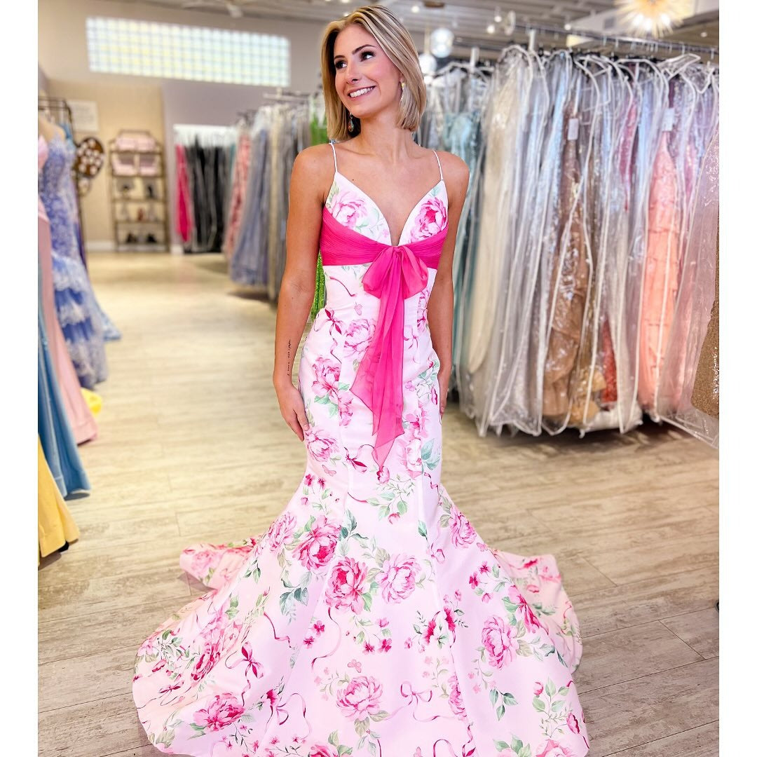 Mermaid Satin Floral Print Prom Dresses Long V Neck Evening Party Gowns for Women HE1136