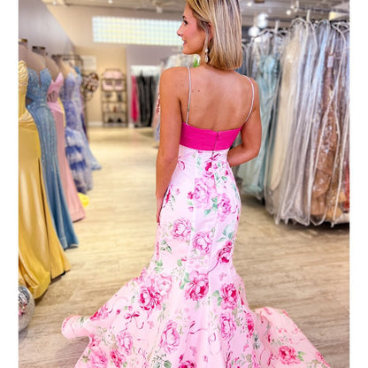 Mermaid Satin Floral Print Prom Dresses Long V Neck Evening Party Gowns for Women HE1136