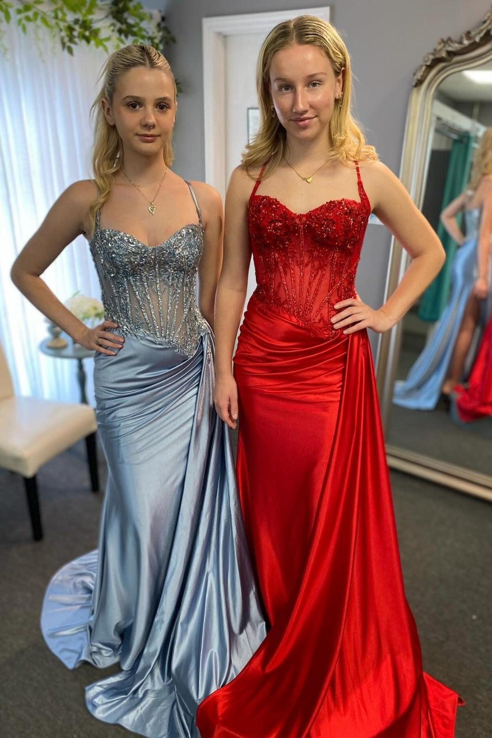 HE011-Satin Lace Beaded Prom Dresses Long with Slit Sweetheart Evening Dresses Plus Size Straps Party Gowns for Women