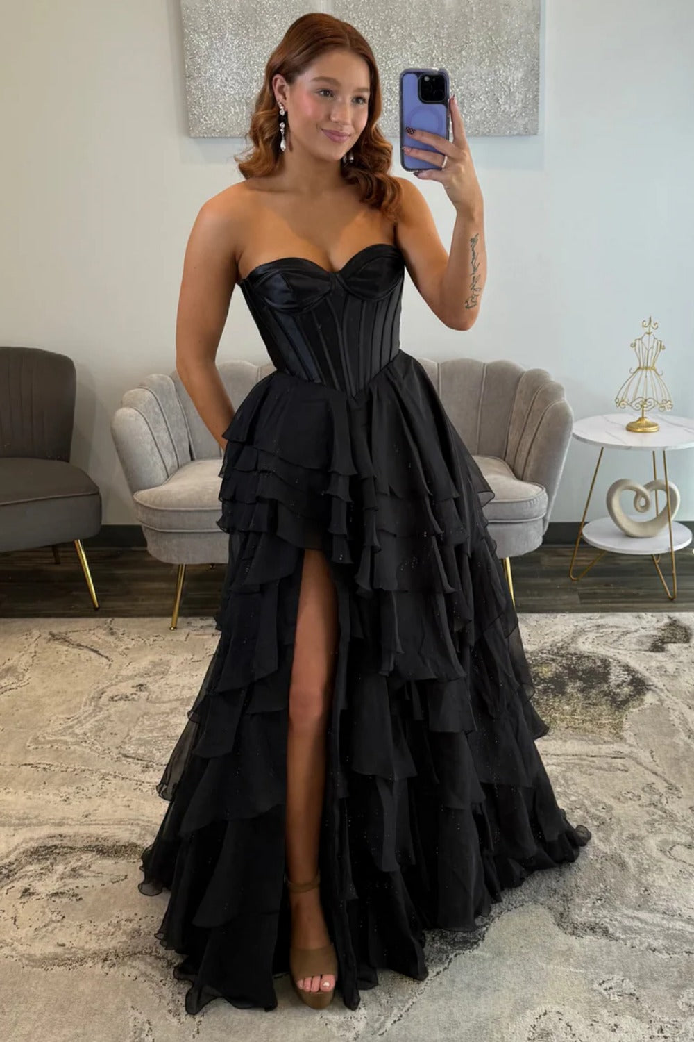 Women's A Line Satin Chiffon Ruffled Long Prom Dresses Strapless Formal Party Gowns HE1189