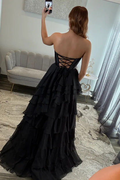 Women's A Line Satin Chiffon Ruffled Long Prom Dresses Strapless Formal Party Gowns HE1189