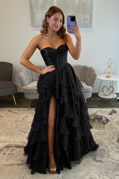 Women's A Line Satin Chiffon Ruffled Long Prom Dresses Strapless Formal Party Gowns HE1189