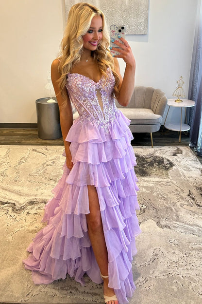 Off Shoulder A Line Corset Lace Appliqued Prom Dresses Long with Ruffled HE1090