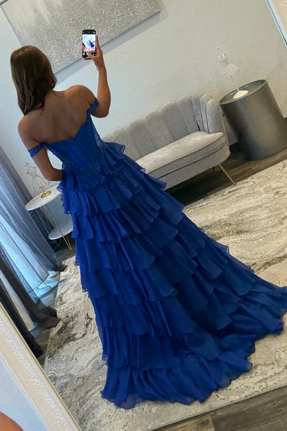 Off Shoulder A Line Tulle Ruffled Prom Dresses Long Corset Beaded Evening Party Gowns HE1089