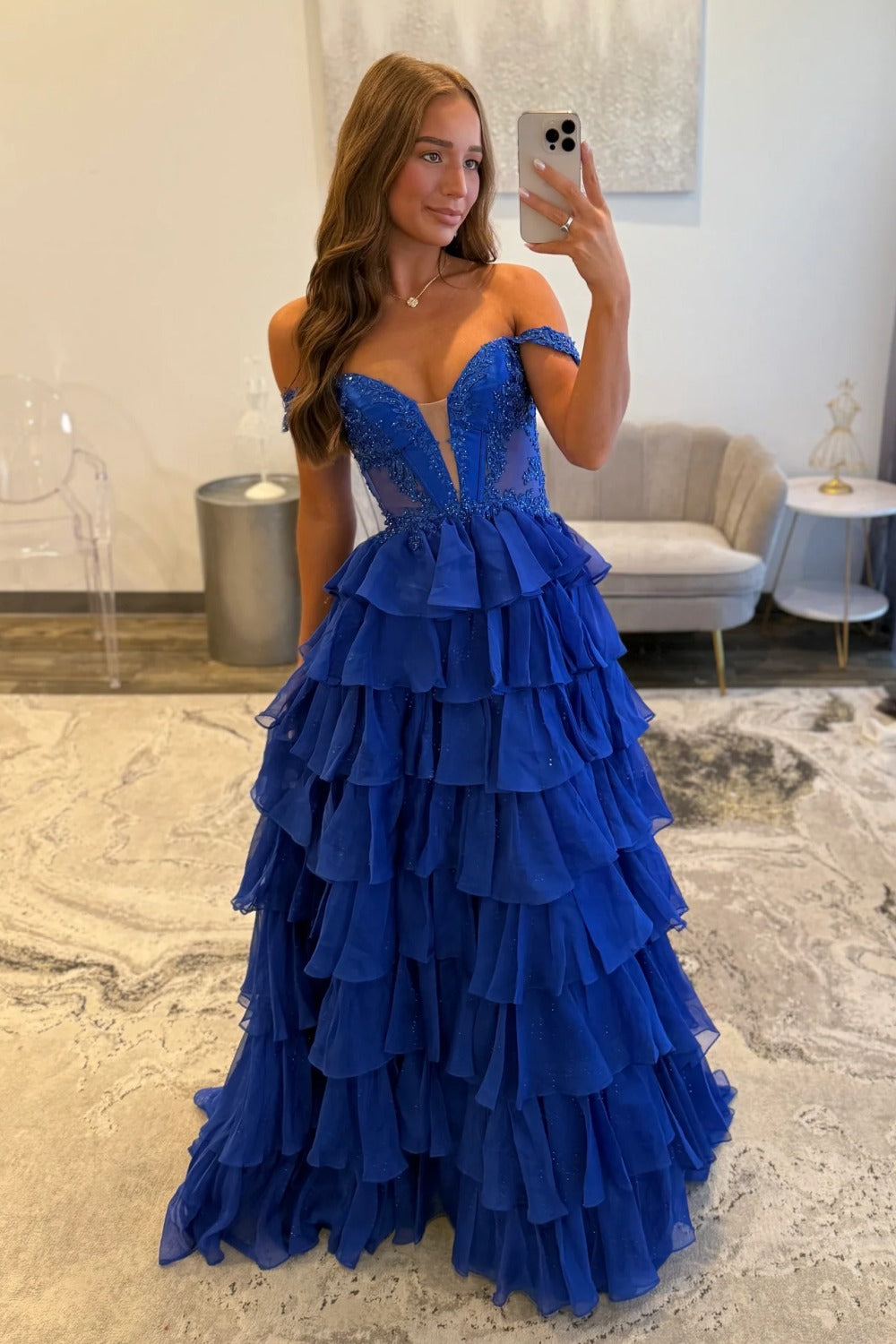 Off Shoulder A Line Tulle Ruffled Prom Dresses Long Corset Beaded Evening Party Gowns HE1089