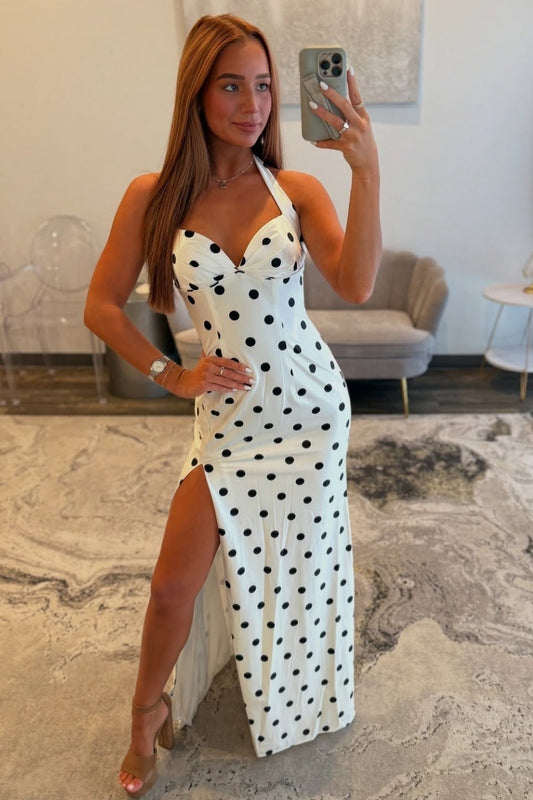 Sheath Sweetheart Satin Long Prom Dresses Black Dots Halter Neck Evening Gowns with Split HE1132