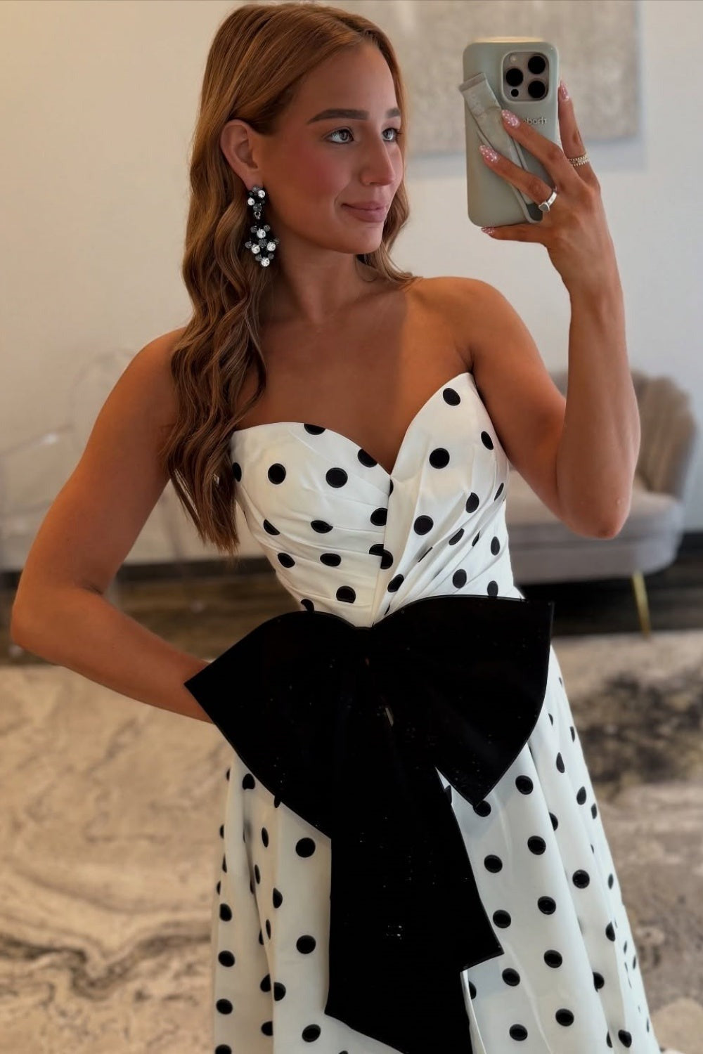 A Line Strapless Black Dots Prom Dresses Long Sweetheart Evening Party Gowns with Bowknot HE1131