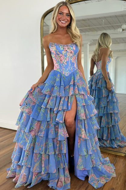 Sweetheart Chiffon Corset Long Prom Dresses A Line Floral Print Evening Gowns with Split HE1204