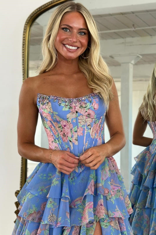 Sweetheart Chiffon Corset Long Prom Dresses A Line Floral Print Evening Gowns with Split HE1204