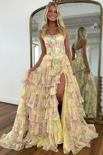 Strapless Chiffon Floral Print Long Prom Dresses with Split A Line Party Gowns for Women HE1203