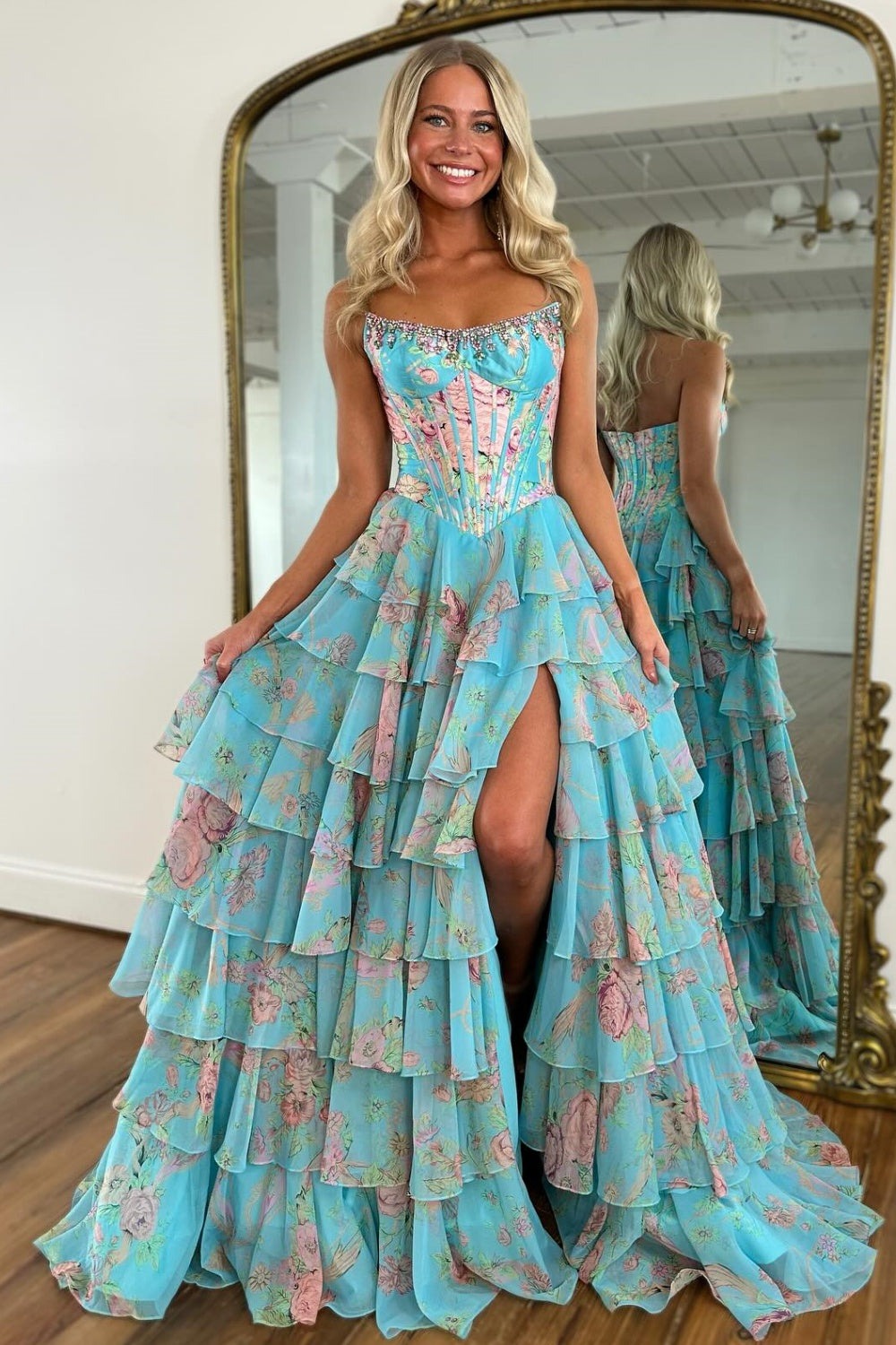 A Line Strapless Chiffon Floral Print Prom Dresses Long Sweetheart Evening Party Gowns HE1202