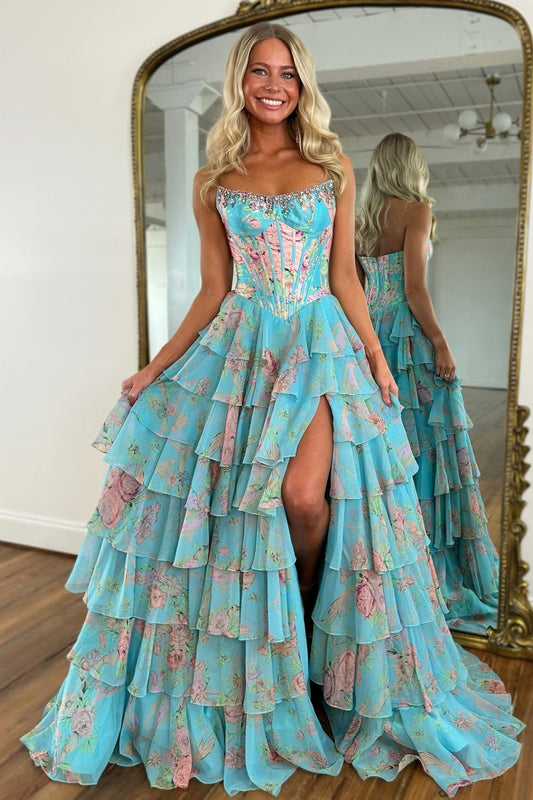 A Line Strapless Chiffon Floral Print Prom Dresses Long Sweetheart Evening Party Gowns HE1202