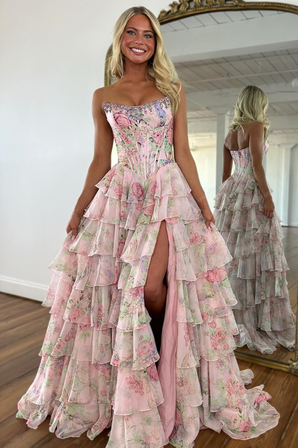 A Line Chiffon Floral Print Long Prom Dresses Strapless Evening Party Gown with Split HE1193