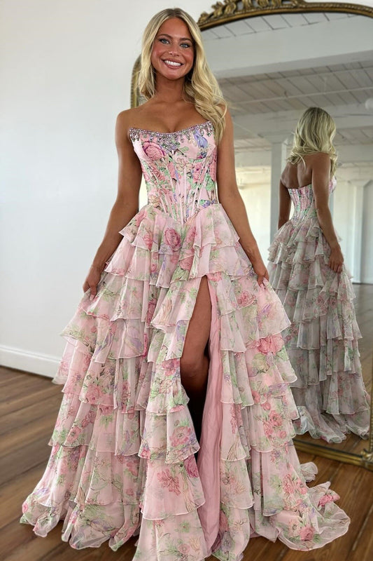 A Line Chiffon Floral Print Long Prom Dresses Strapless Evening Party Gown with Split HE1193