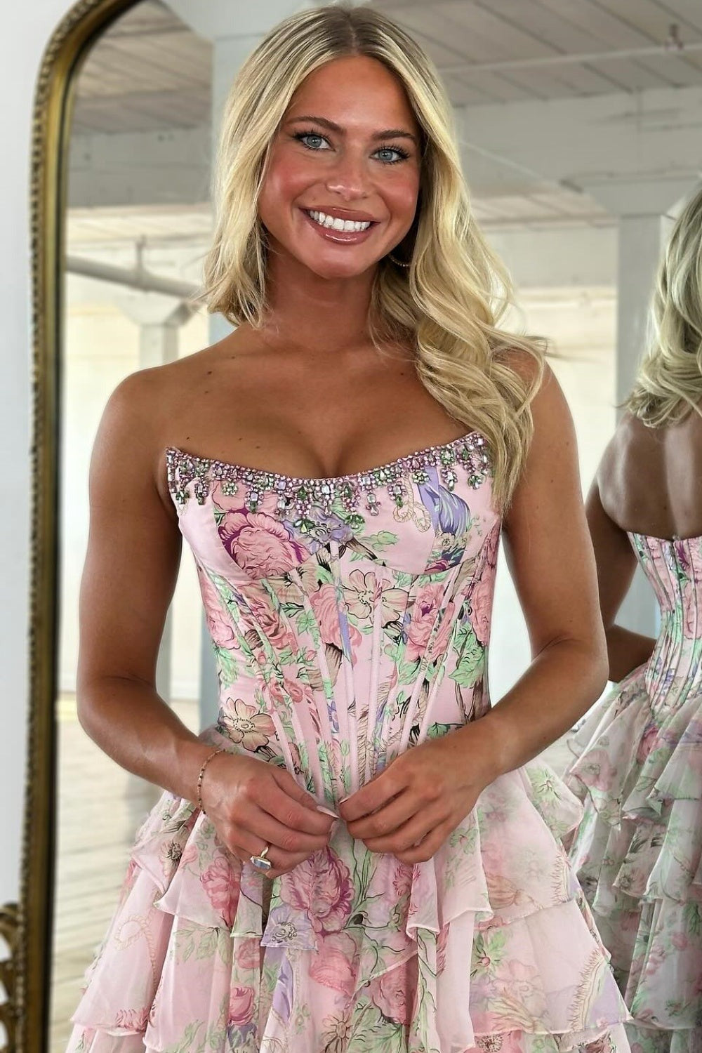 A Line Chiffon Floral Print Long Prom Dresses Strapless Evening Party Gown with Split HE1193