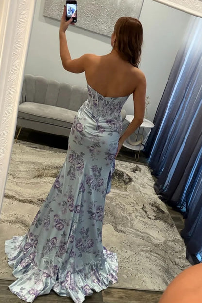 Sweetheart Mermaid Satin Prom Dresses Long Floral Print Evening Party Dress for Women HE1186