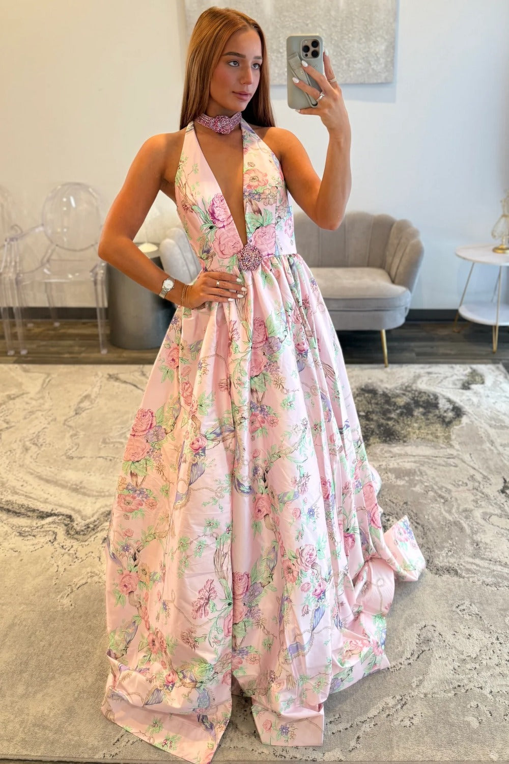 A Line V Neck Satin Prom Dresses Long Floral Print Backless Evening Gowns for Women HE1185