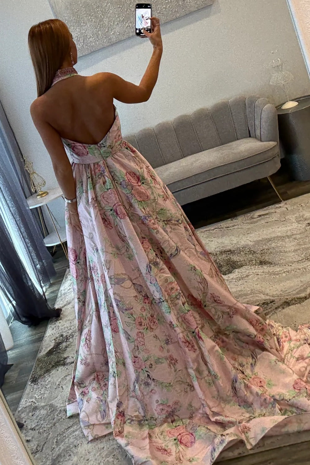 A Line V Neck Satin Prom Dresses Long Floral Print Backless Evening Gowns for Women HE1185