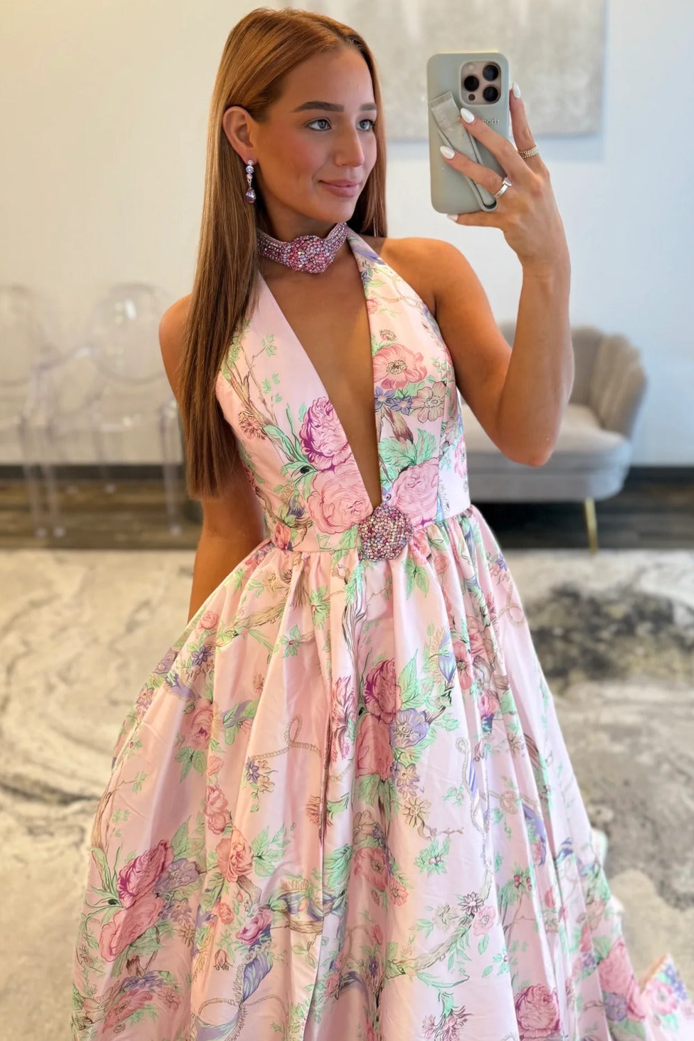 A Line V Neck Satin Prom Dresses Long Floral Print Backless Evening Gowns for Women HE1185