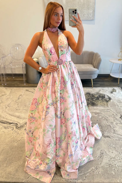 A Line V Neck Satin Prom Dresses Long Floral Print Backless Evening Gowns for Women HE1185