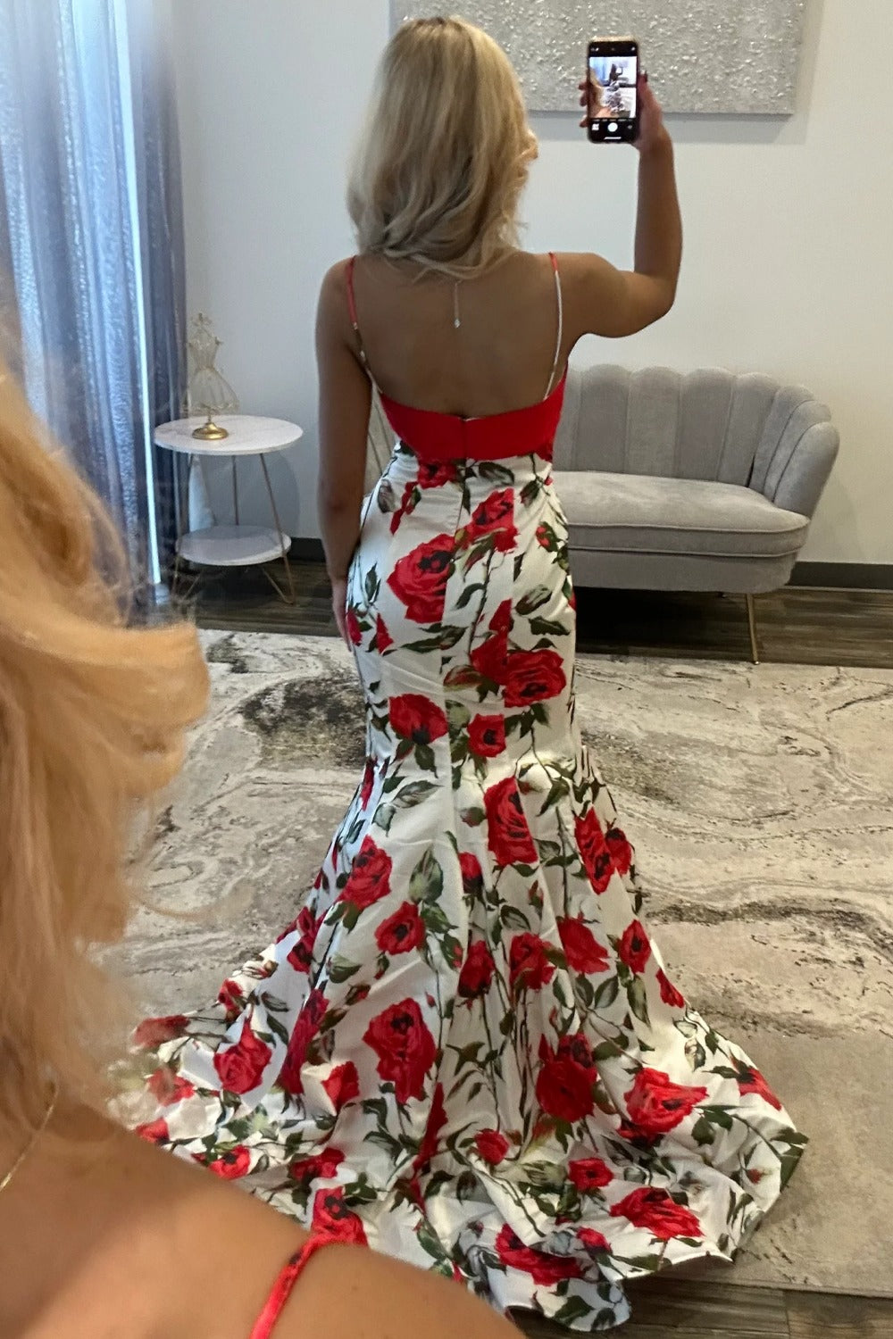 Mermaid Satin V Neck Prom Dresses Long Floral Print Evening Party Gowns for Women HE1184