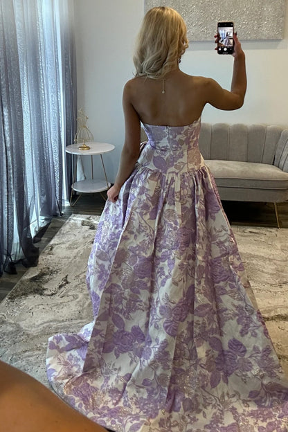 Women's A Line Satin Floral Print Long Prom Dresses Strapless Evening Formal Gowns HE1183