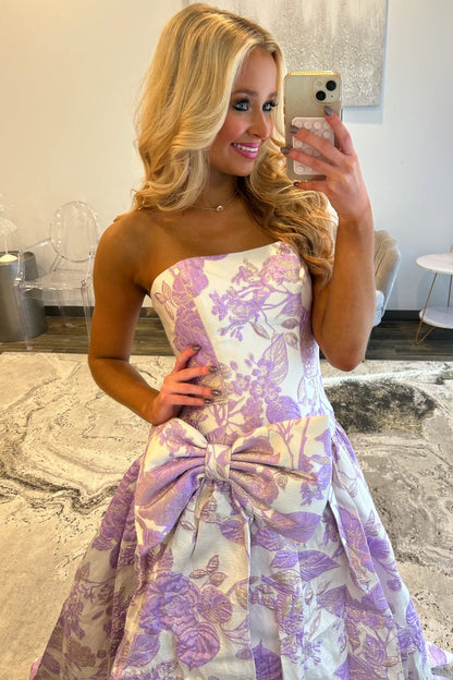 Women's A Line Satin Floral Print Long Prom Dresses Strapless Evening Formal Gowns HE1183