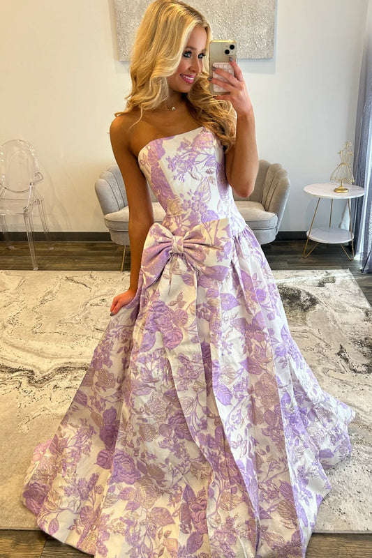 Women's A Line Satin Floral Print Long Prom Dresses Strapless Evening Formal Gowns HE1183