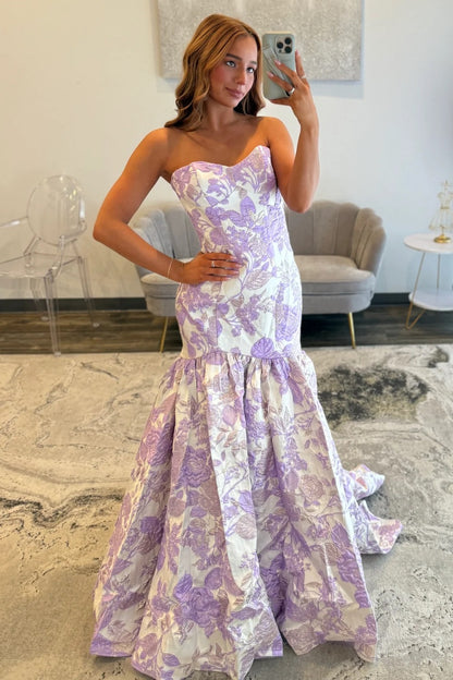 Sweetheart Mermaid Satin Floral Print Prom Dresses Long Strapless Evening Gowns HE1182