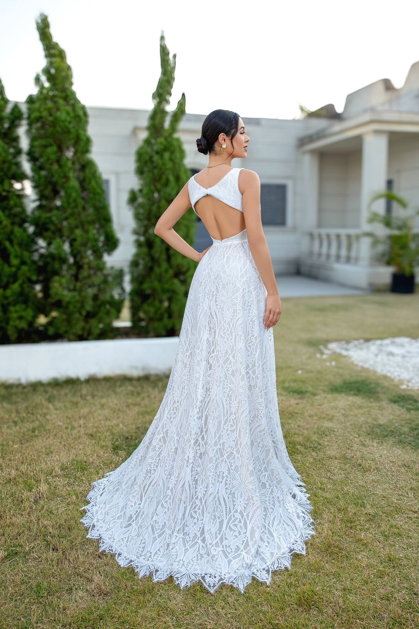 A Line Boho V Neck Lace Wedding Dresses Plus Size Backless Bridal Dress for Women HE862