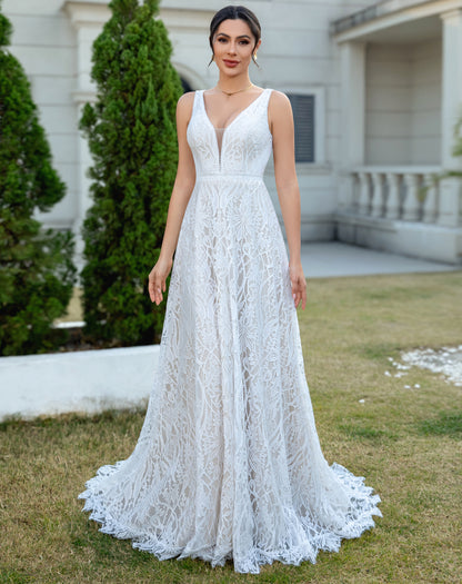 A Line Boho V Neck Lace Wedding Dresses Plus Size Backless Bridal Dress for Women HE862