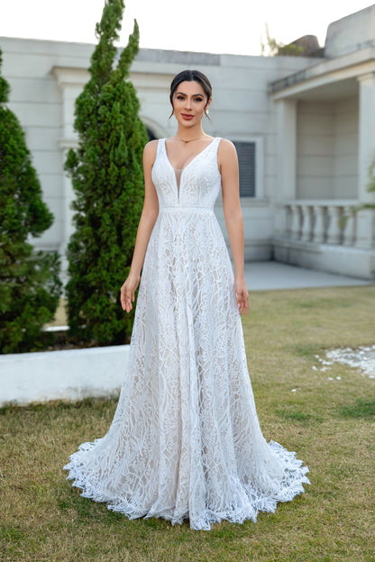 A Line Boho V Neck Lace Wedding Dresses Plus Size Backless Bridal Dress for Women HE862