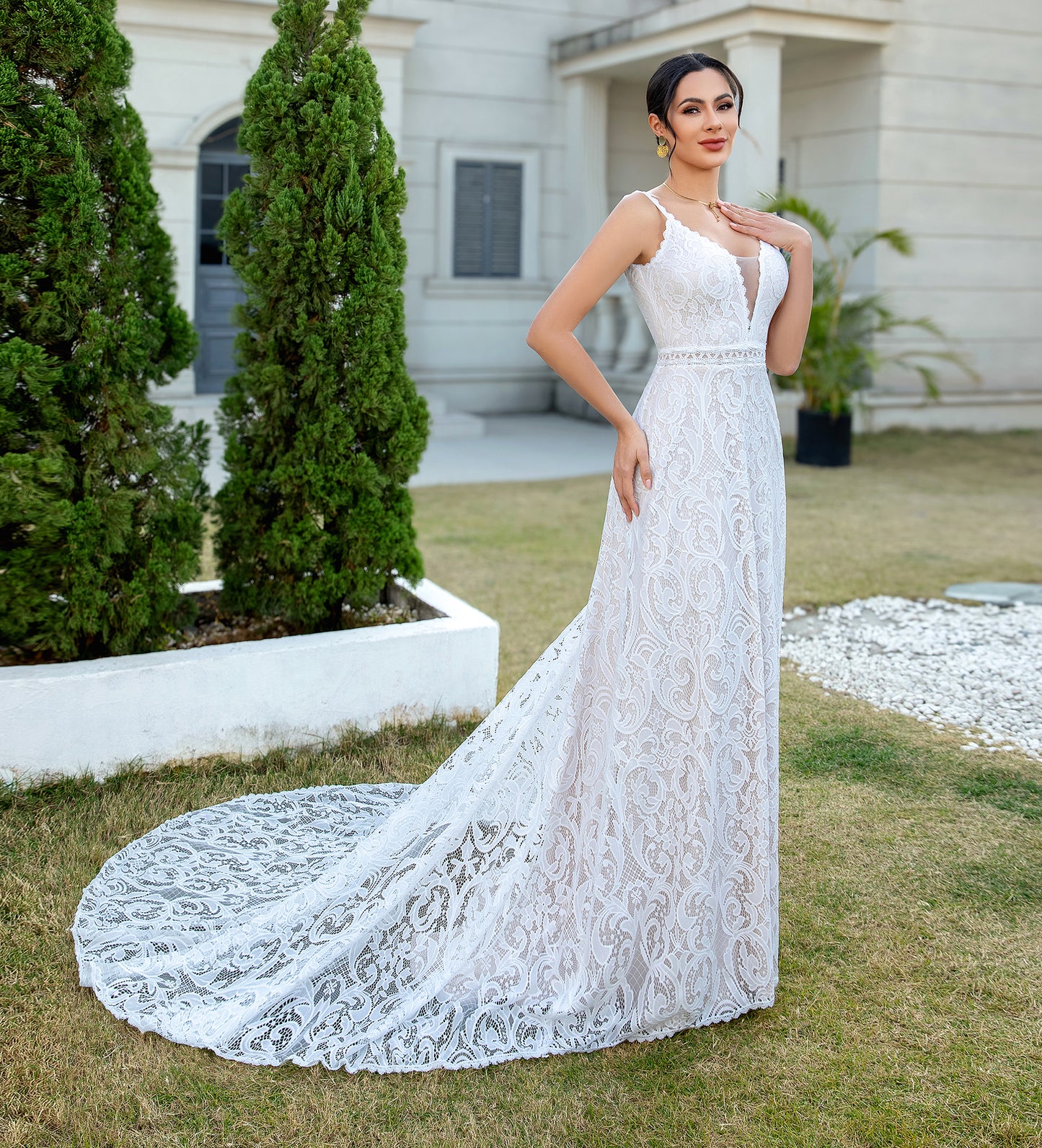 Women's A Line V Neck Boho Lace Wedding Dresses Bohemian Plus Size Bride Gowns HE863
