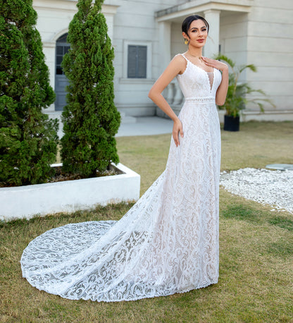Women's A Line V Neck Boho Lace Wedding Dresses Bohemian Plus Size Bride Gowns HE863
