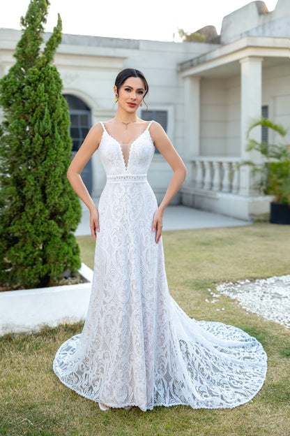 Women's A Line V Neck Boho Lace Wedding Dresses Bohemian Plus Size Bride Gowns HE863