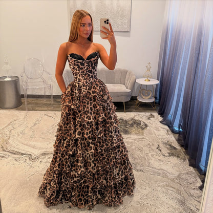 A Line Leopard Print Prom Dress Long Sweetheart Corset Chiffon Ruffled Party Gowns HE1145