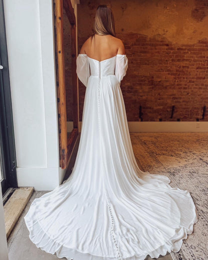 Women's A Line Chiffon Long Sleeves Wedding Dresses Boho Simple Strapless Wedding Gowns HE1237