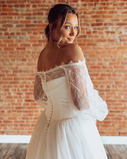 Women's A Line Tulle Wedding Dresses Boho Lace Long Sleeves Wedding Gowns for Bride HE1241