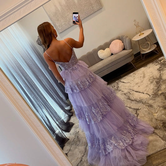 Women's Sweetheart Tulle Lace Appliqued Corset Prom Dresses Long with Tiered HE1480