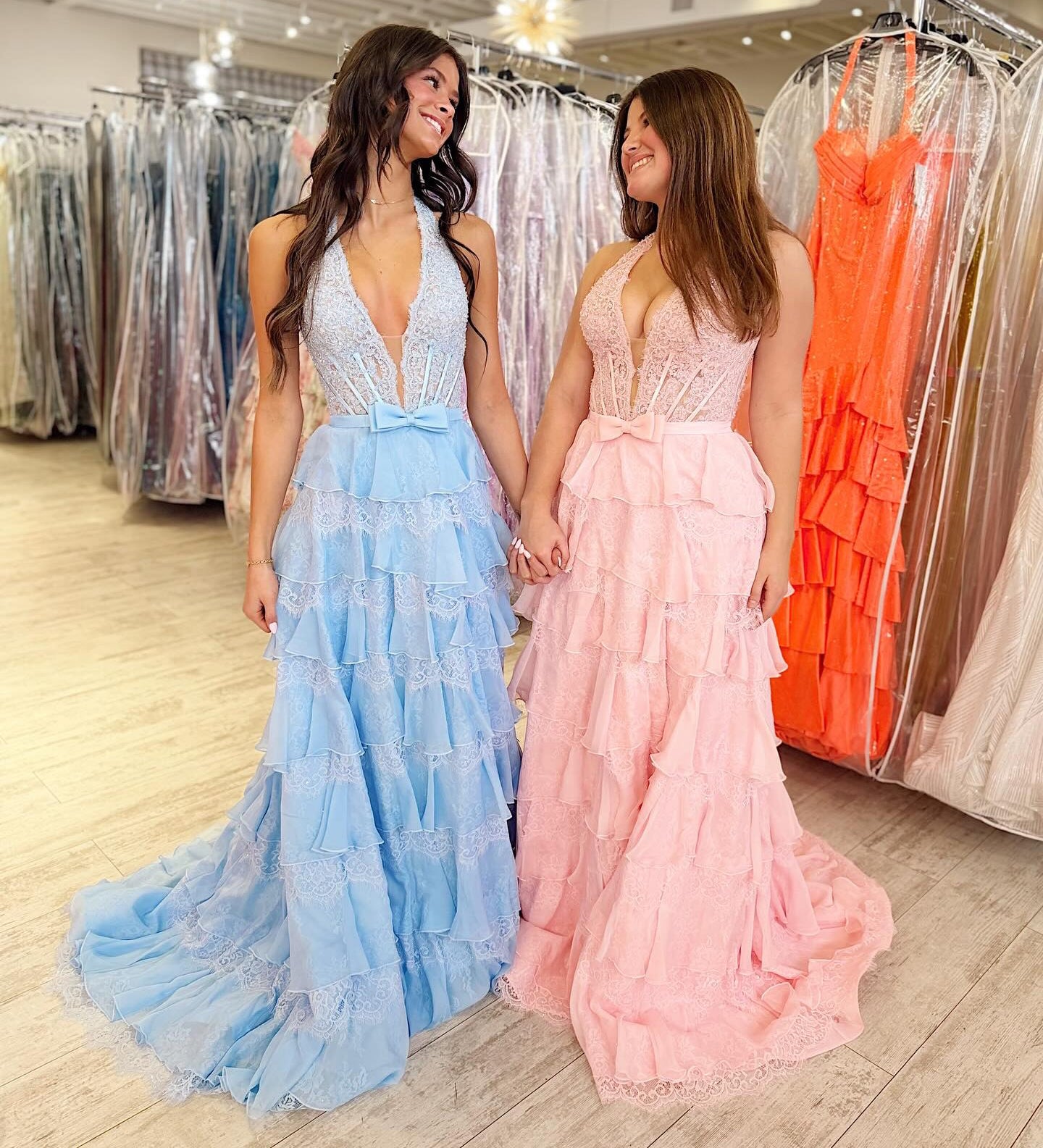 Chiffon Lace Tiered Prom Dresses Long A Line V Neck Evening Formal Party Gowns HE1375
