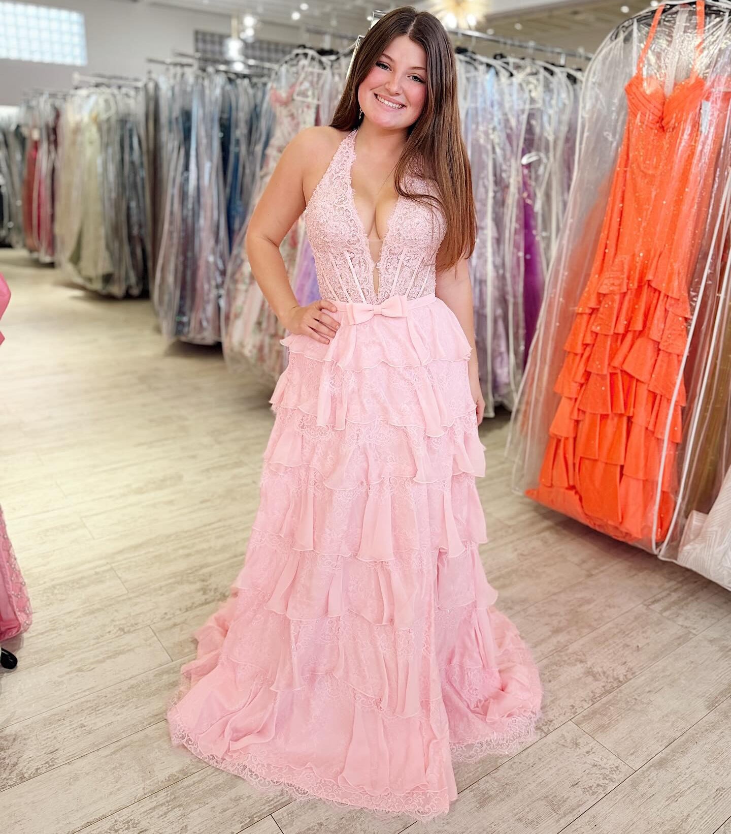 Chiffon Lace Tiered Prom Dresses Long A Line V Neck Evening Formal Party Gowns HE1375