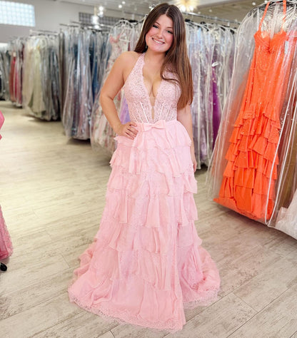 Chiffon Lace Tiered Prom Dresses Long A Line V Neck Evening Formal Party Gowns HE1375