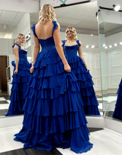 Chiffon Ruffled A Line Prom Dresses with Slit Long Corset Beaded Evening Dress for Women HE1327