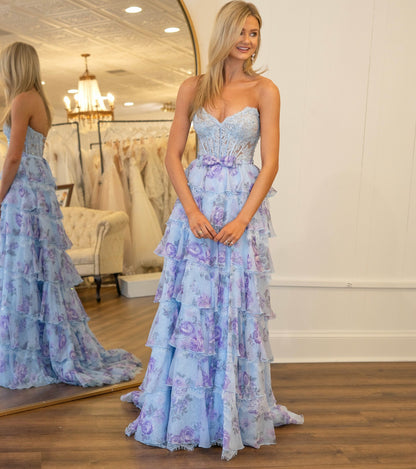 Strapless Chiffon Floral Print A Line Tiered Prom Evening Dresses Long for Women HE1472