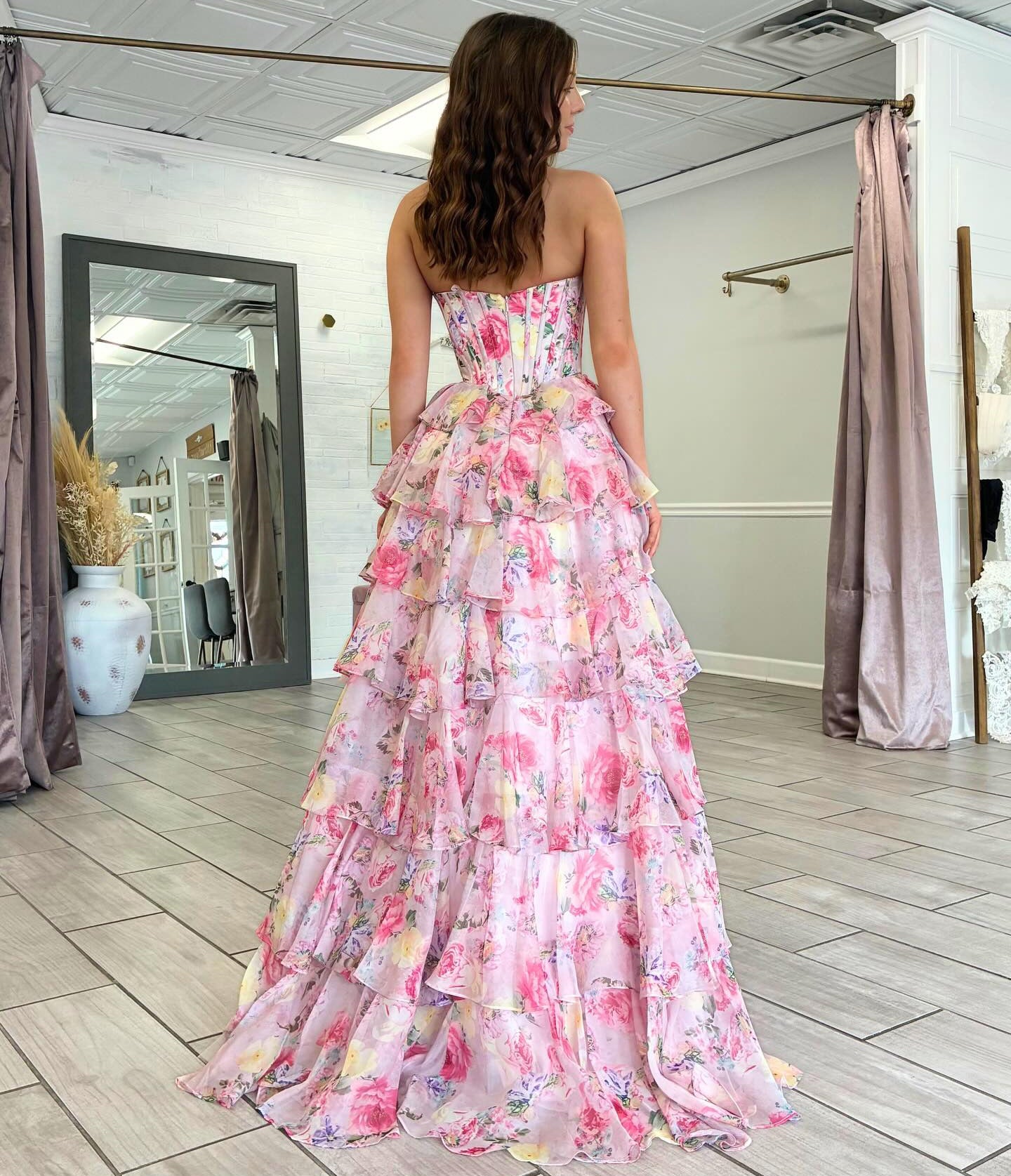 Women's Sweetheart Corset Chiffon Floral Print Long Prom Dresses with Tiered HE1473