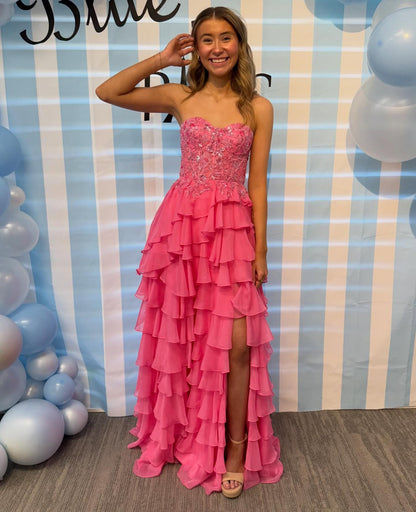 Women's Chiffon Ruffed Prom Dresses Long A Line Lace Appliqued Party Gowns HE1422