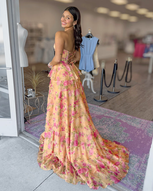 Women's Satin Tiered Long Prom Dresses Sweetheart Floral Corset Crystal Evening Party Gowns HE1377